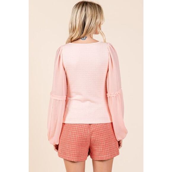 Mittoshop Mixed Media Textured Knit Chiffon Long Balloon Sleeves Blouse | Peach - Picture 4 of 5